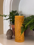 100% Fern Pillar Beeswax Candle on shelf, front view
