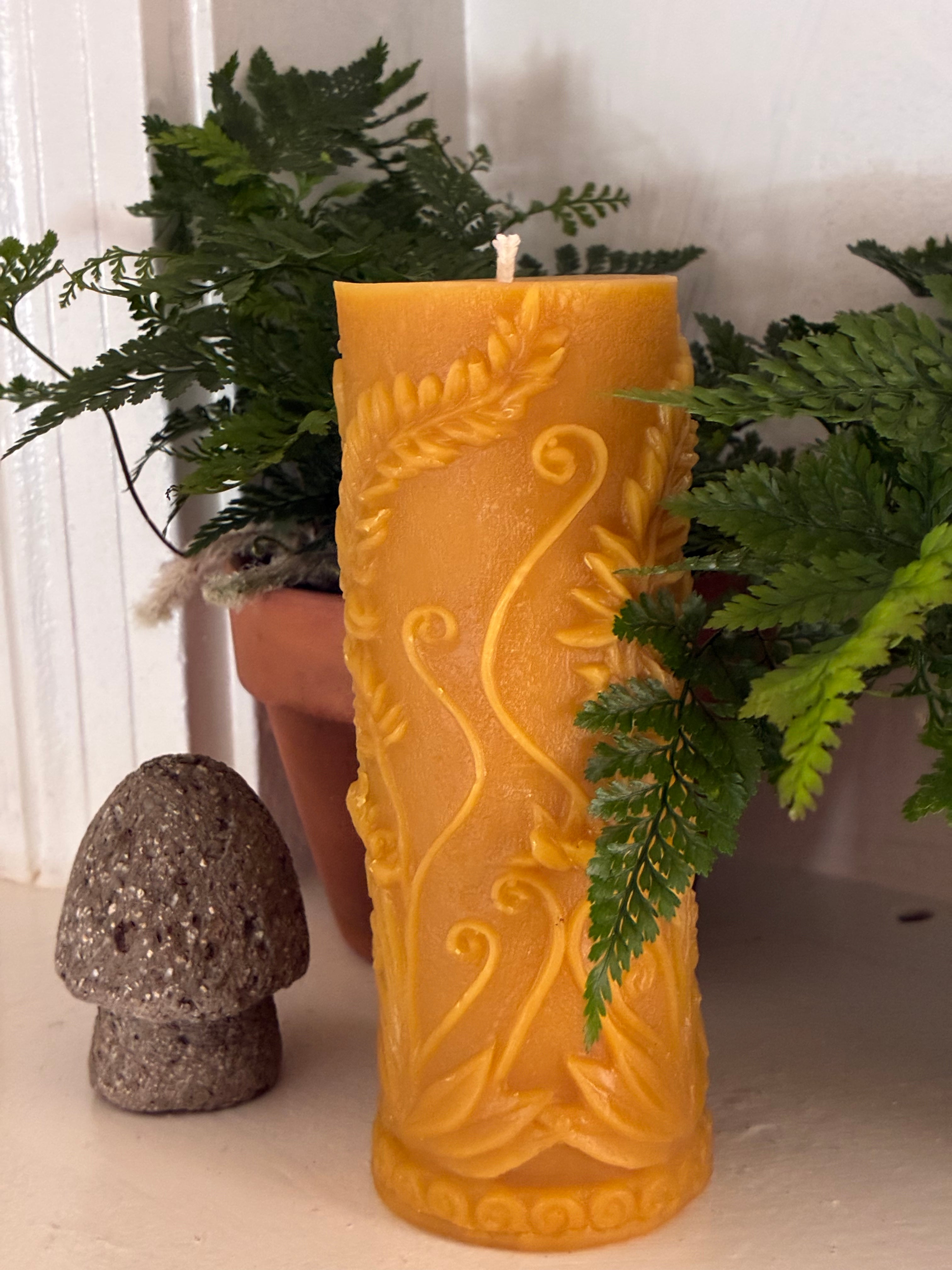 100% Fern Pillar Beeswax Candle close up, front view