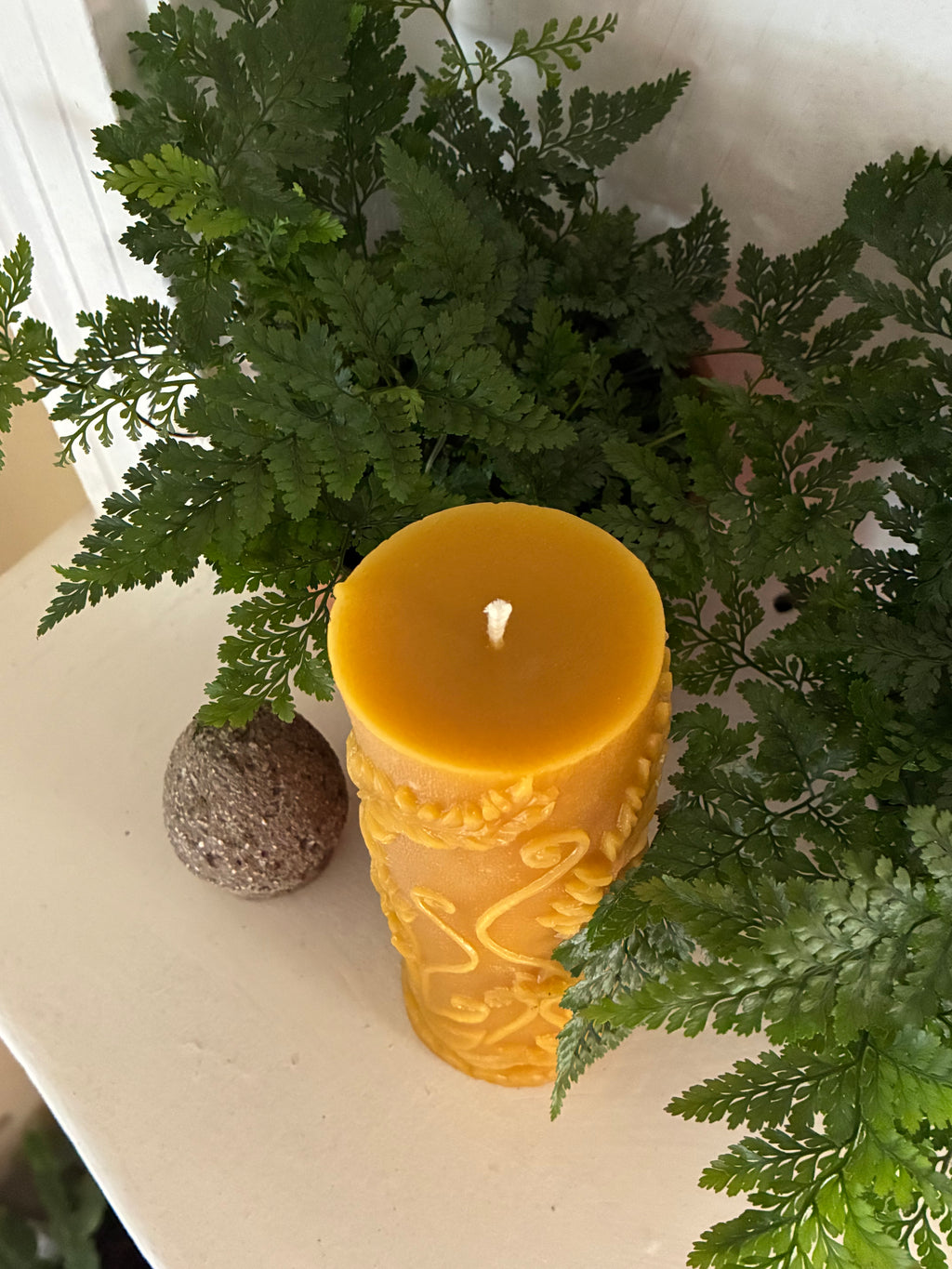 100% Fern Pillar Beeswax Candle, top-down view